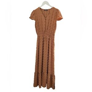 Women’s V Neck Short Sleeve Swiss Dot Brown Tiered Maxi Dress Size Small